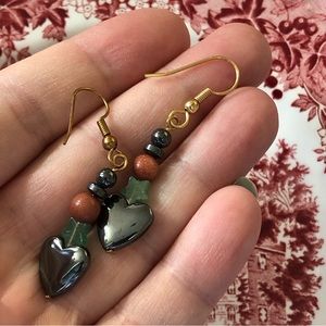 Vintage hematite heart dangle earrings aventurune stars goldstone